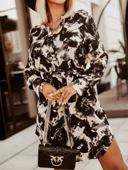 Printed Button Front Long Sleeve Dress Black Apricot Blossom