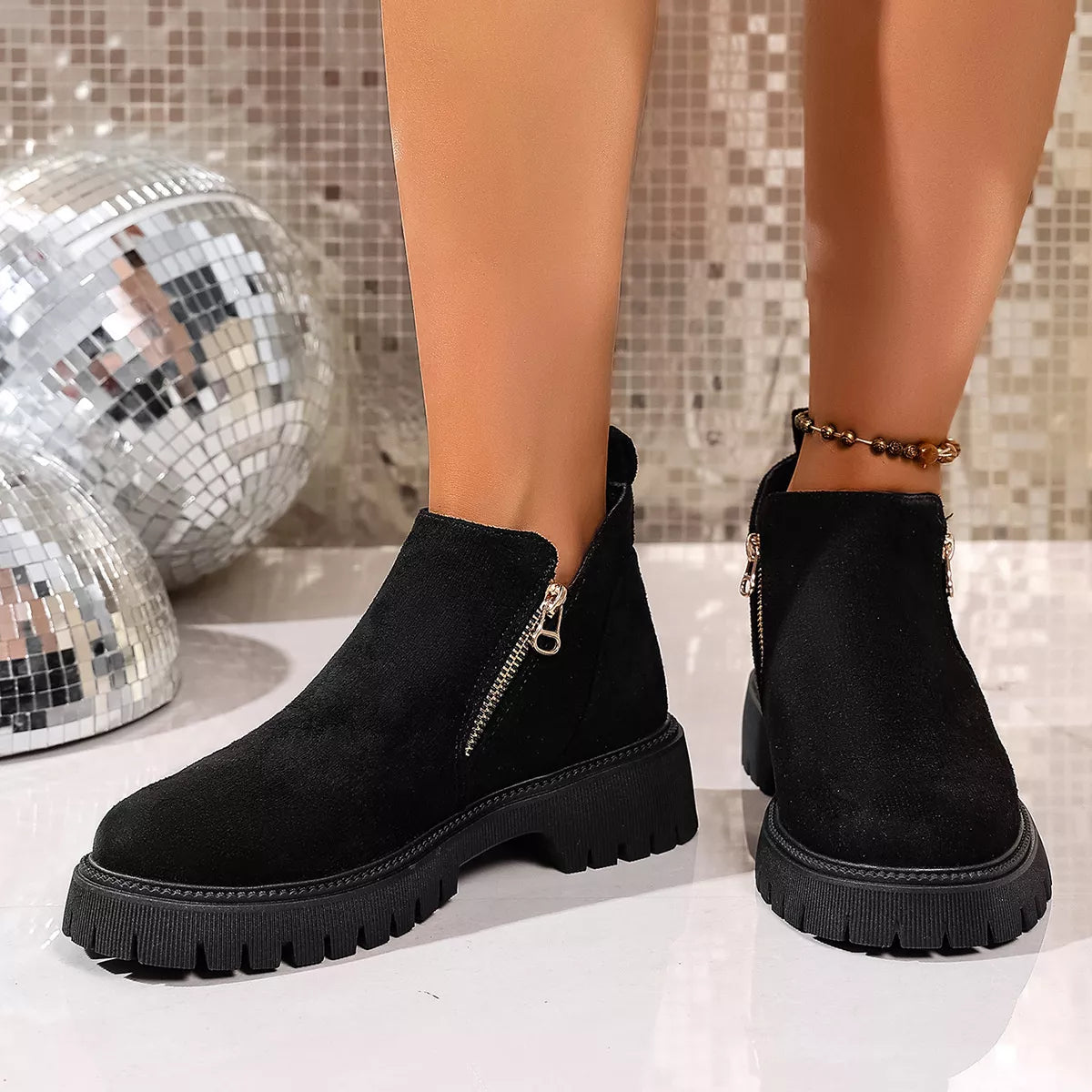 Round Toe Side Zip Ankle Boots