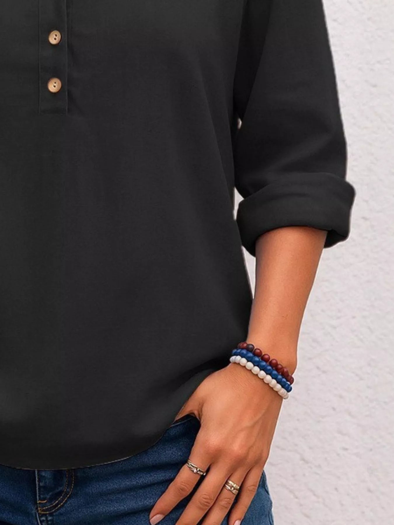 Full Size Button Detail Notched Long Sleeve Blouse Plus Size