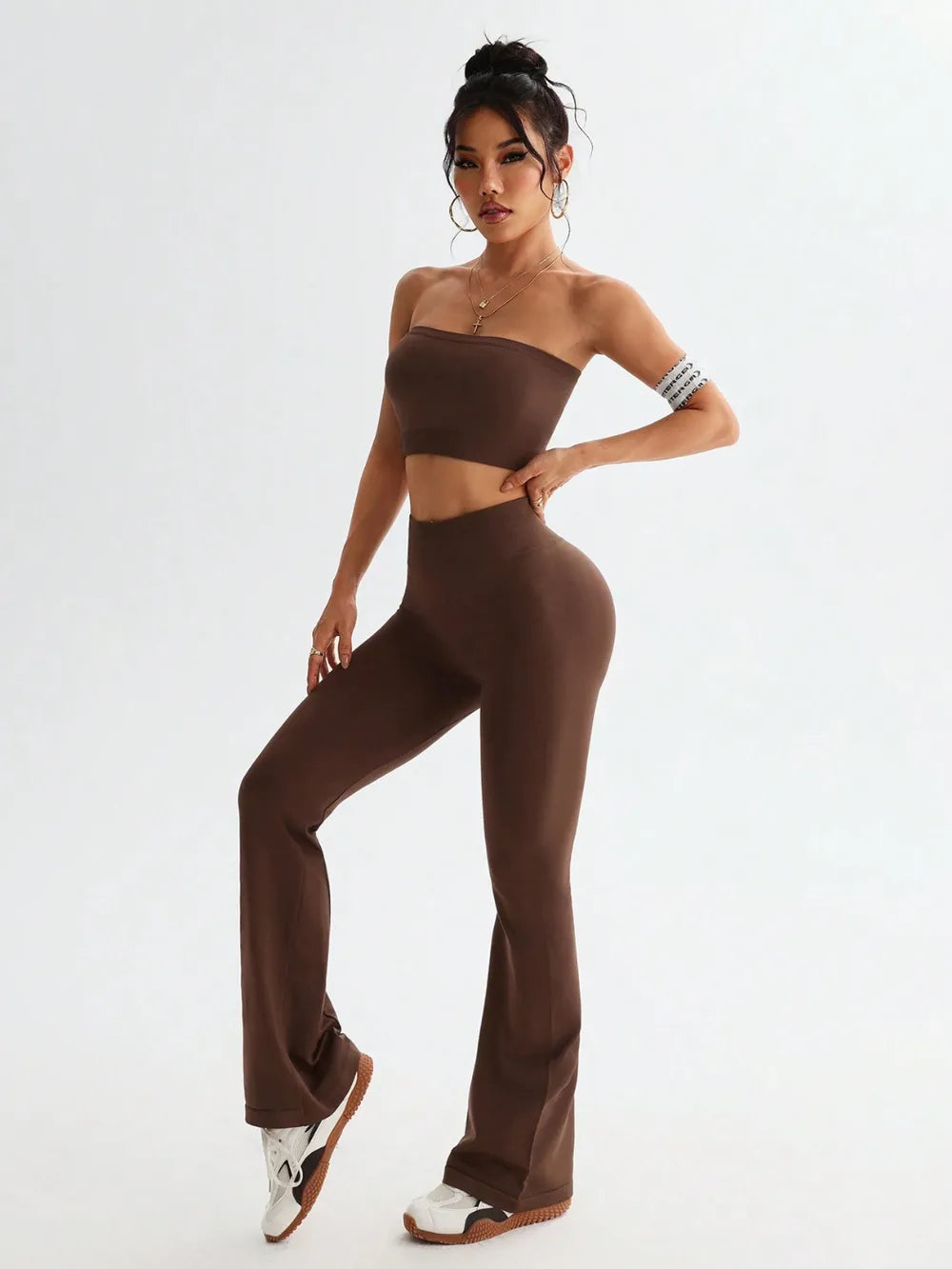 Tube Top and High Waist Flare Pants Active Set Brown
