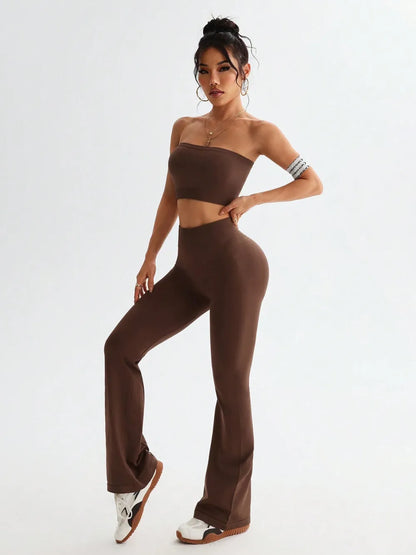 Tube Top and High Waist Flare Pants Active Set Brown
