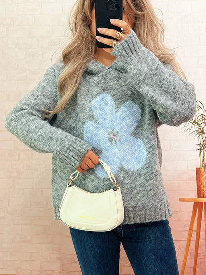 Flower Long Sleeve Hooded Sweater Gray One Size