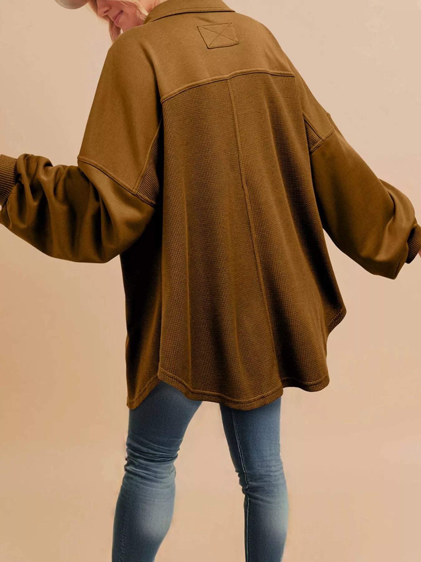 Waffle Knit Patchwork Exposed Seam Loose Shacket