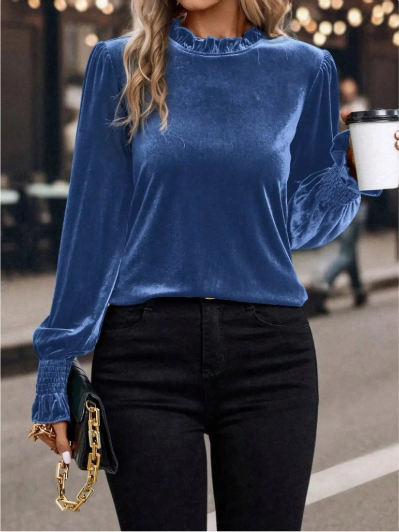 Velvet Ruffle Trim Blouse Blue