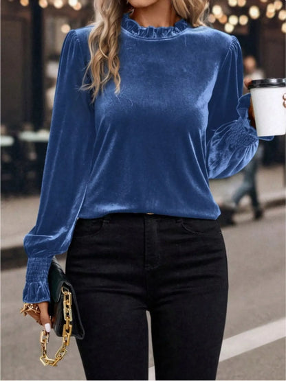 Velvet Ruffle Trim Blouse Blue