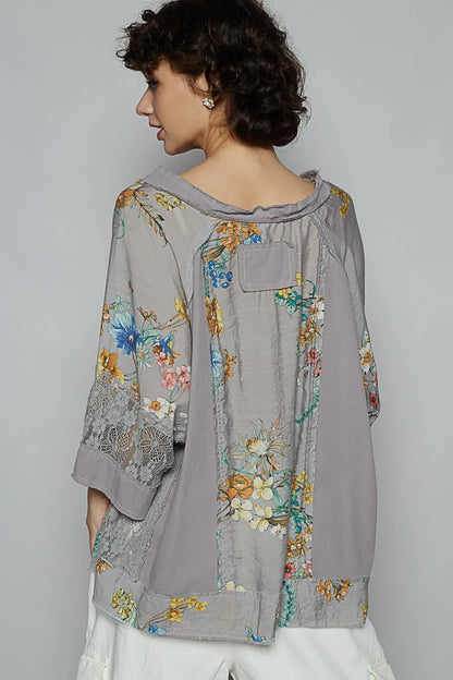 POL Floral V-Neck Raw Edge T-Shirt with Lace Detail