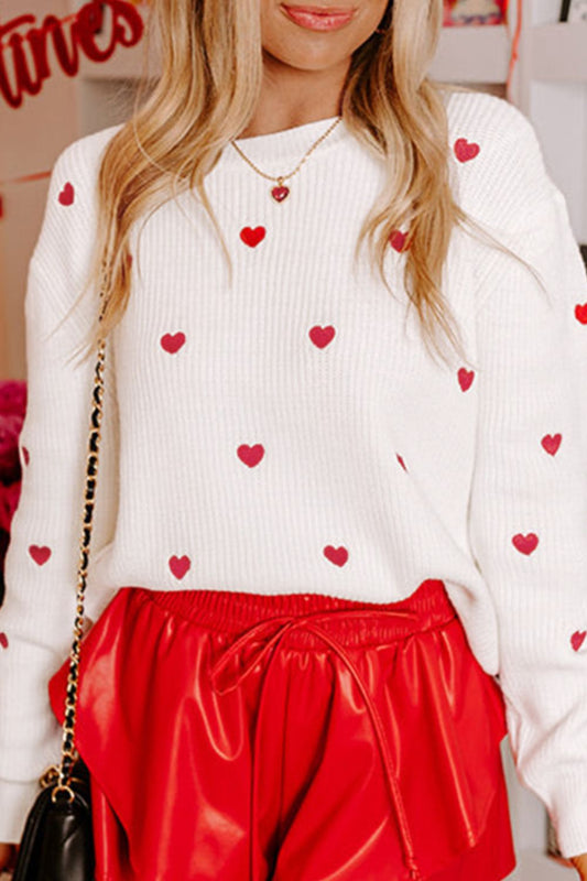 Heart Round Neck Long Sleeve Sweater White