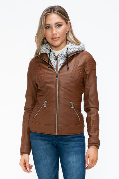 YMI Faux Layered Double-Zipper Jacket with Fuzzy Hood Rust