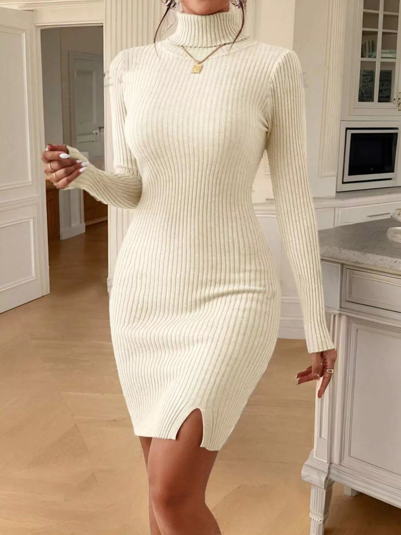 Ribbed Turtleneck Bodycon Sweater Dress