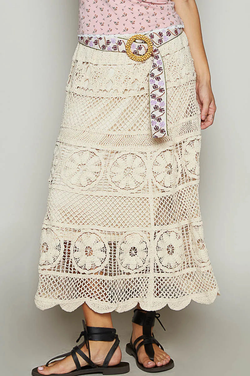 POL Lace Tiered Midi Skirt Ivory One Size