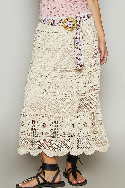 POL Lace Tiered Midi Skirt Ivory One Size