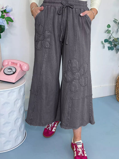 Flower Patch Mineral Washed Terry Knit Cropped Wide Leg Pants Dark Gray