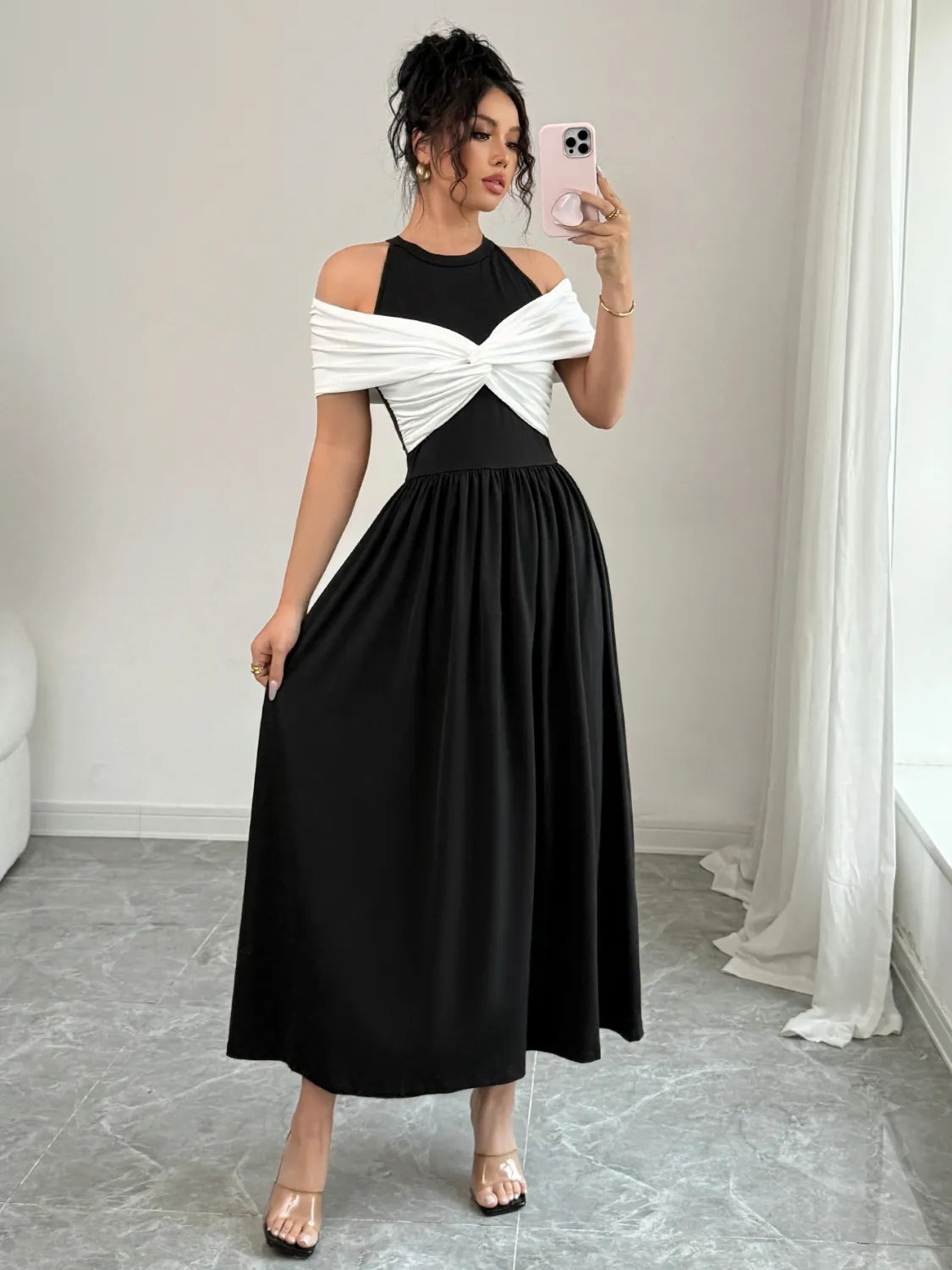 Twisted Contrast Cold Shoulder Midi Dress