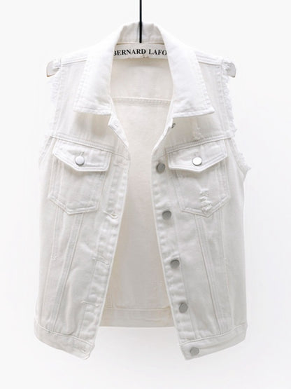 Full Size Button Down Raw Hem Sleeveless Denim Jacket Plus Size