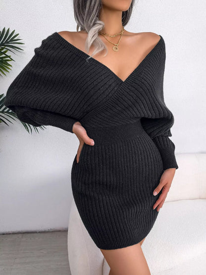 Surplice Long Sleeve Sweater Dress Black