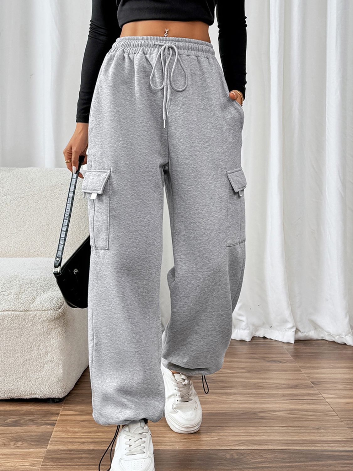 Perfee Drawstring Elastic Waist Joggers with Pockets Light Gray