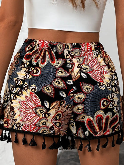 Paisley Print Tassel Hem Shorts