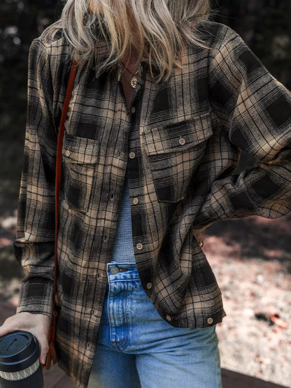 Plaid Double Flap Pocket Brushed Shacket