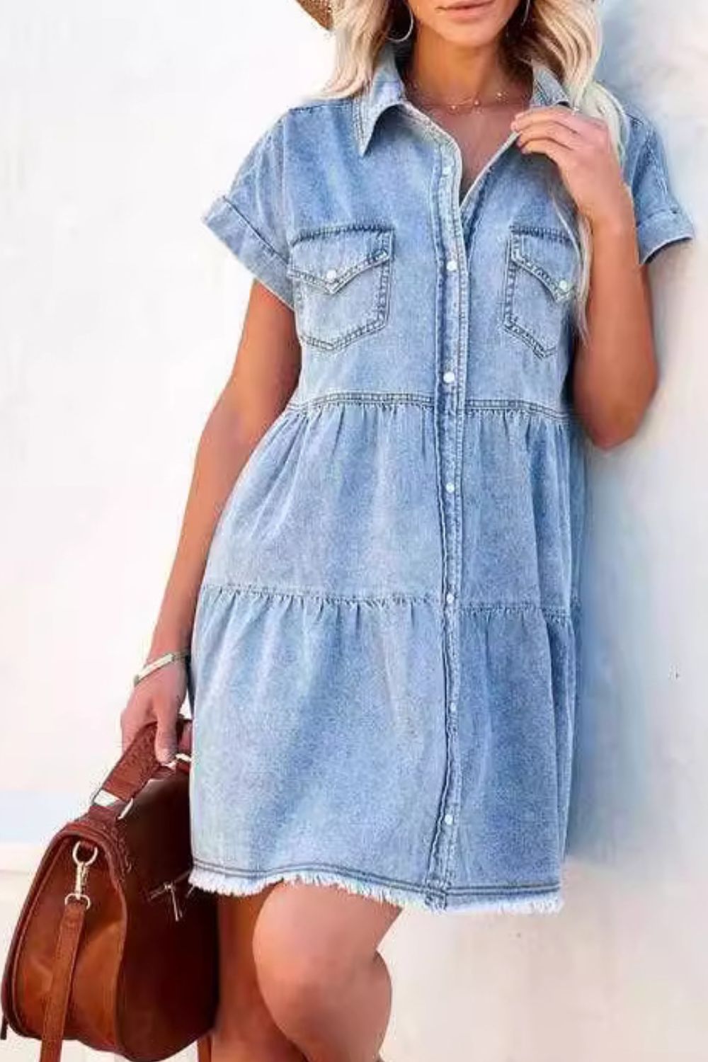 Raw Hem Button Down Denim Mini Dress Light Blue