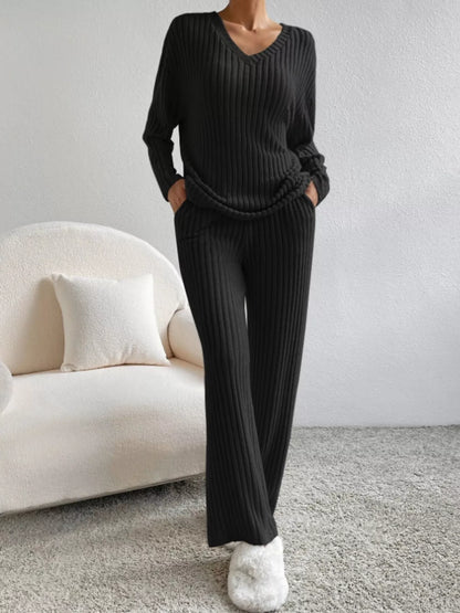 Ribbed Knit Long Sleeve Top and Pants Set Black