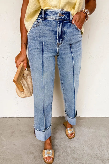 High-Waisted Wide-Leg Cuffed Jeans