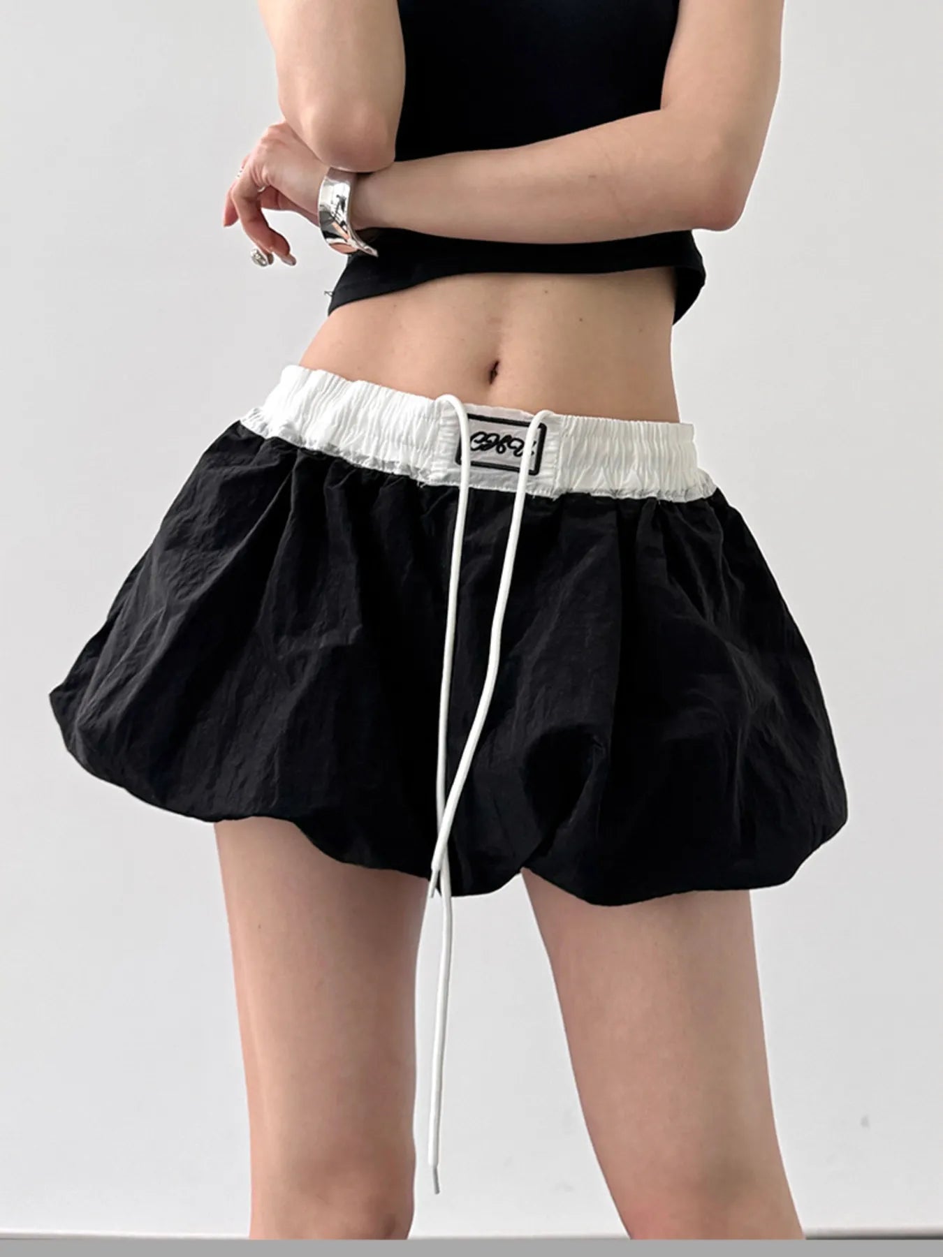 Drawstring Mini Skirt with Contrast Waistband Black