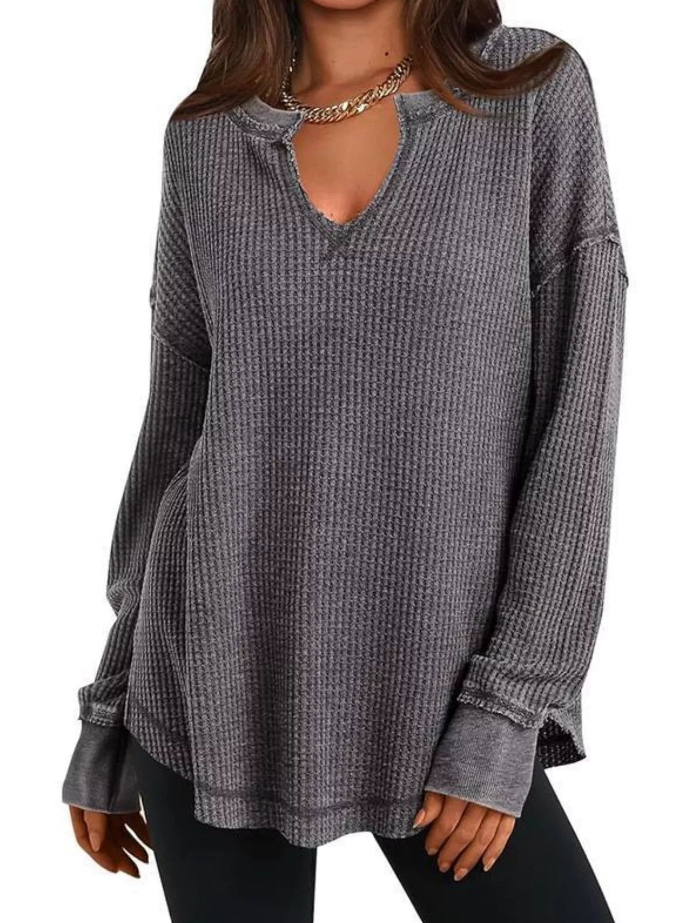 Waffle Knit Long Sleeve Sweatshirt Dark Gray