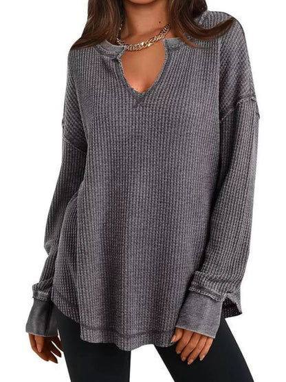 Waffle Knit Long Sleeve Sweatshirt Dark Gray