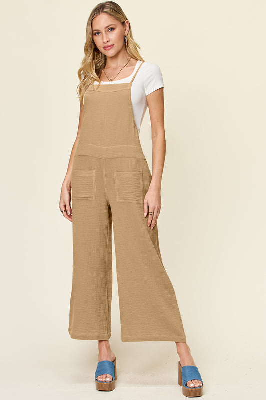 Textured Cotton Sleeveless Wide Leg Jumpsuit Tan