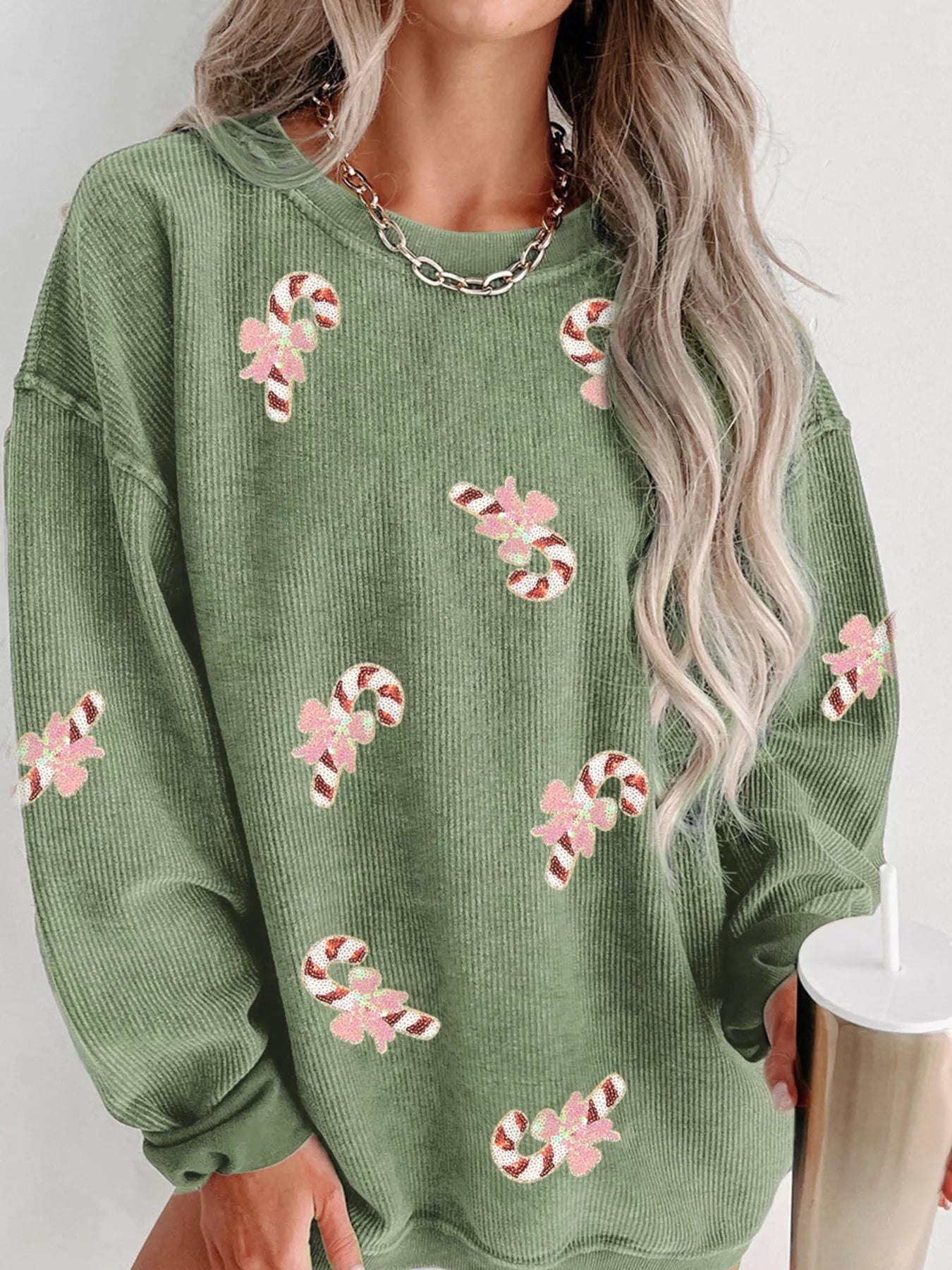 Christmas Sequin Candy Cane Patched Corded Ribbed Baggy Sweatshirt