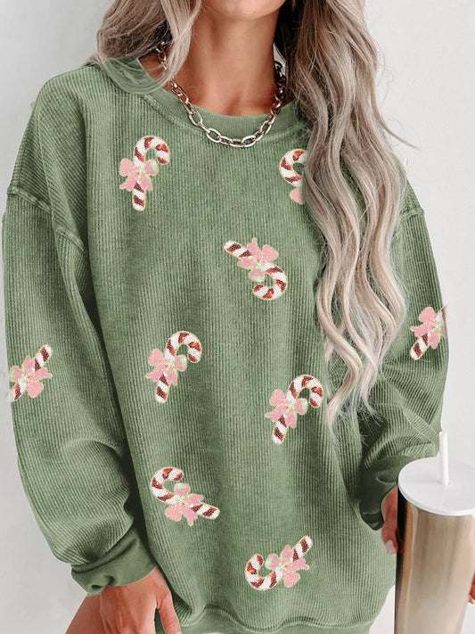 Christmas Sequin Candy Cane Patched Corded Ribbed Baggy Sweatshirt