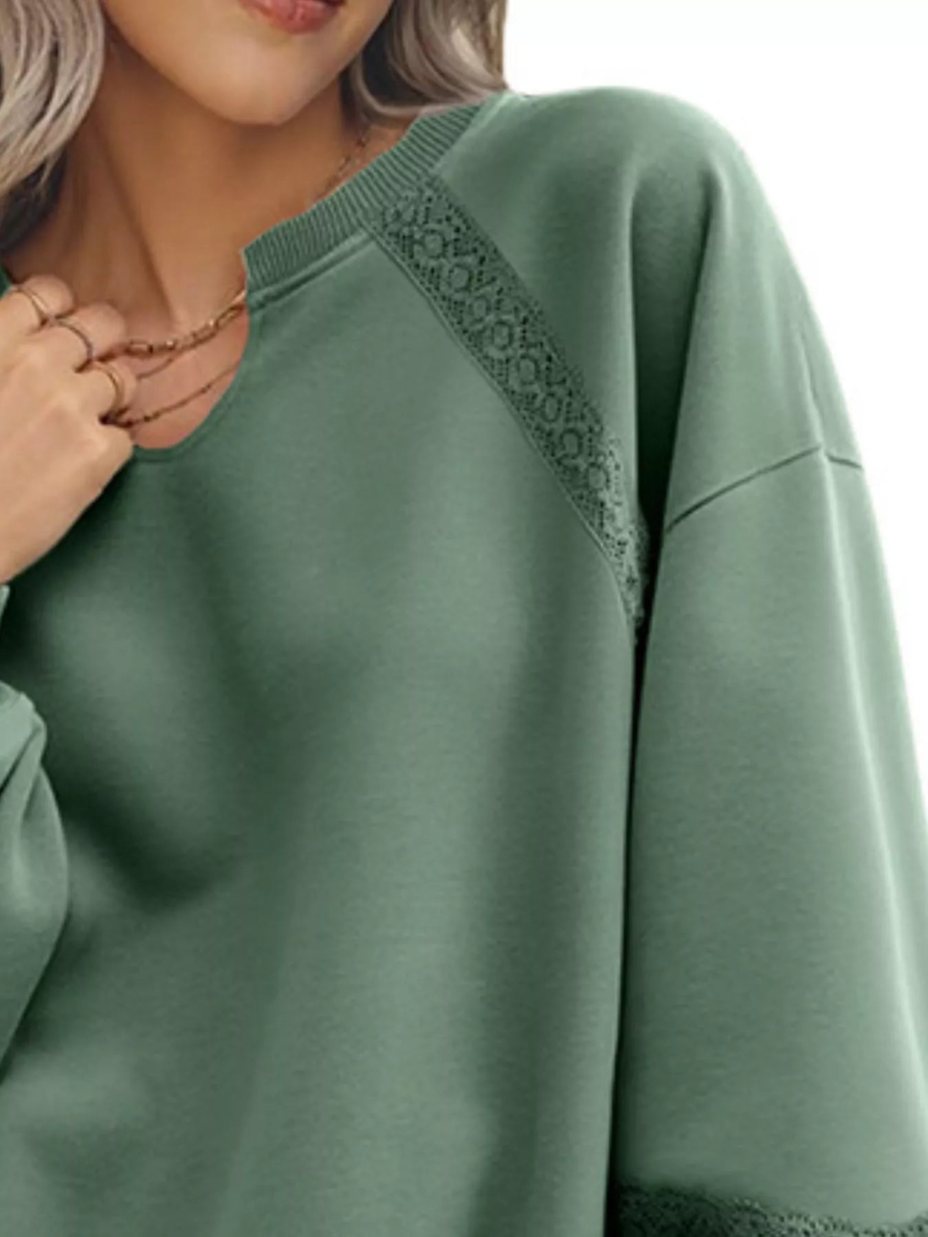 Lace Detail Notched Long Sleeve Sweatshirt