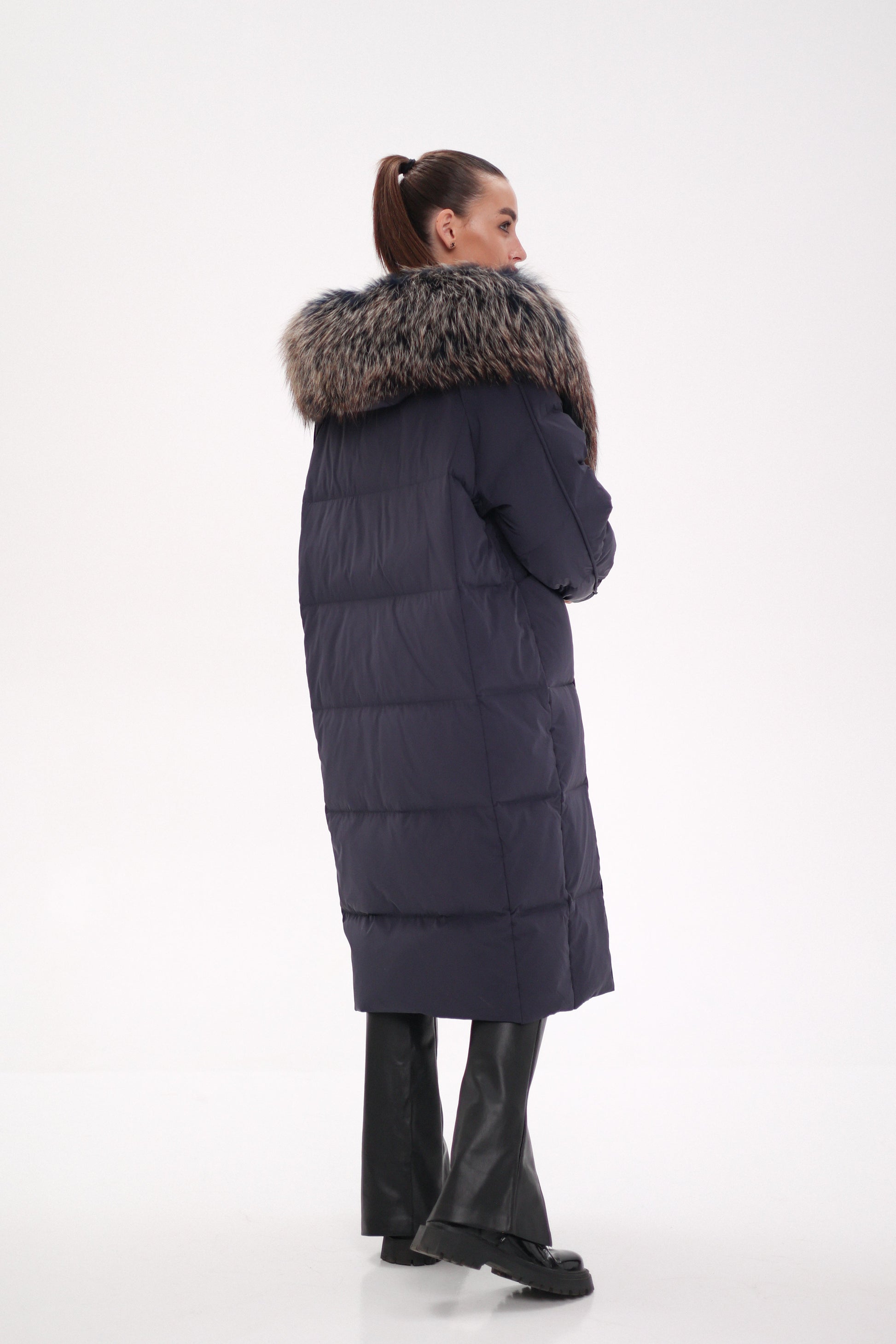Rei Genuine Fur Trim Hooded Down Coat in Navy