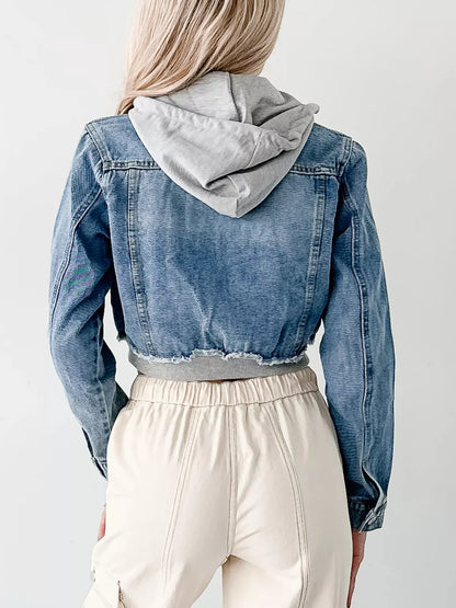 Distressed Zip Up Cropped Hooded Denim Jacket