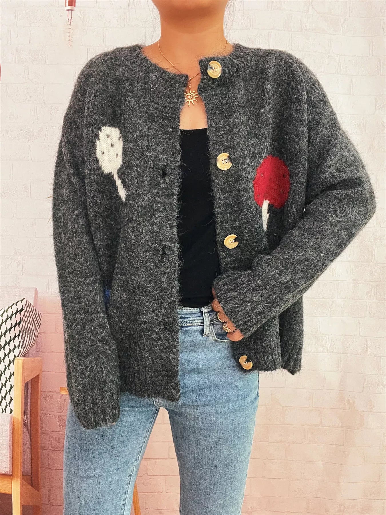 Mushroom Pattern Button-Up Cozy Knit Cardigan
