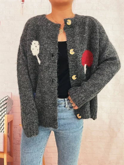 Mushroom Pattern Button-Up Cozy Knit Cardigan