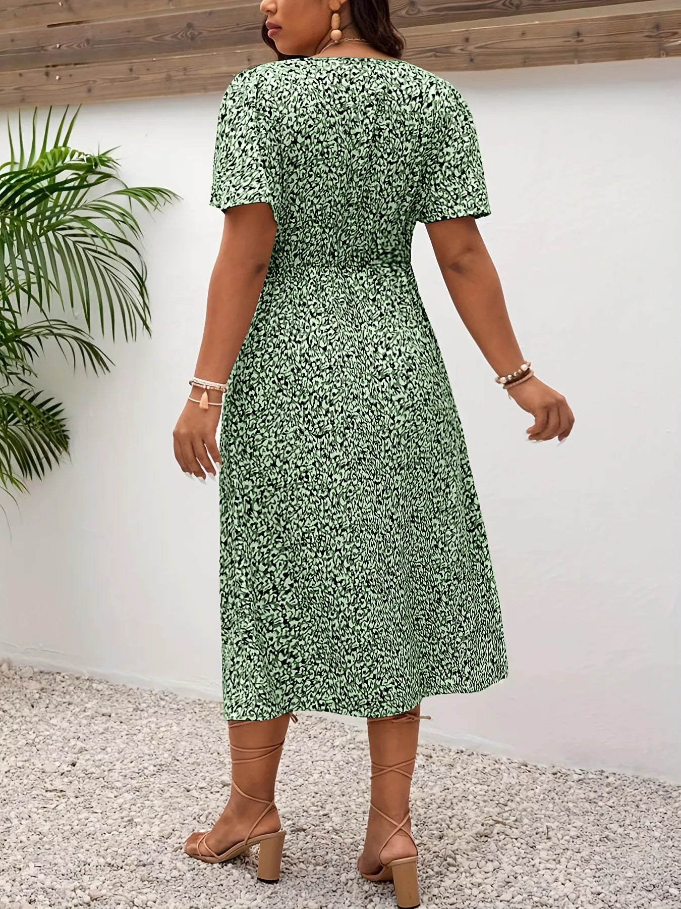 Plus Size Printed V-Neck Short Sleeve Midi Dress
