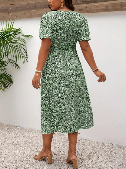 Plus Size Printed V-Neck Short Sleeve Midi Dress