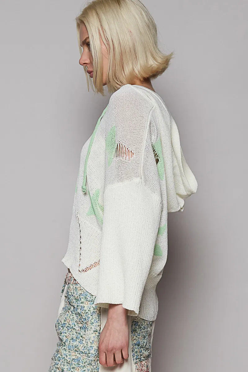 POL Distressed Lace-Up Star Pattern Hooded Hooded Sweater