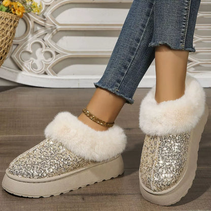 Sequin Round Toe Platform Boots Gold