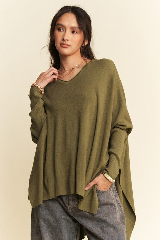 Back To School Sweater - Davi & Dani High-Low Side Slit Batwing Sleeve Top Olive