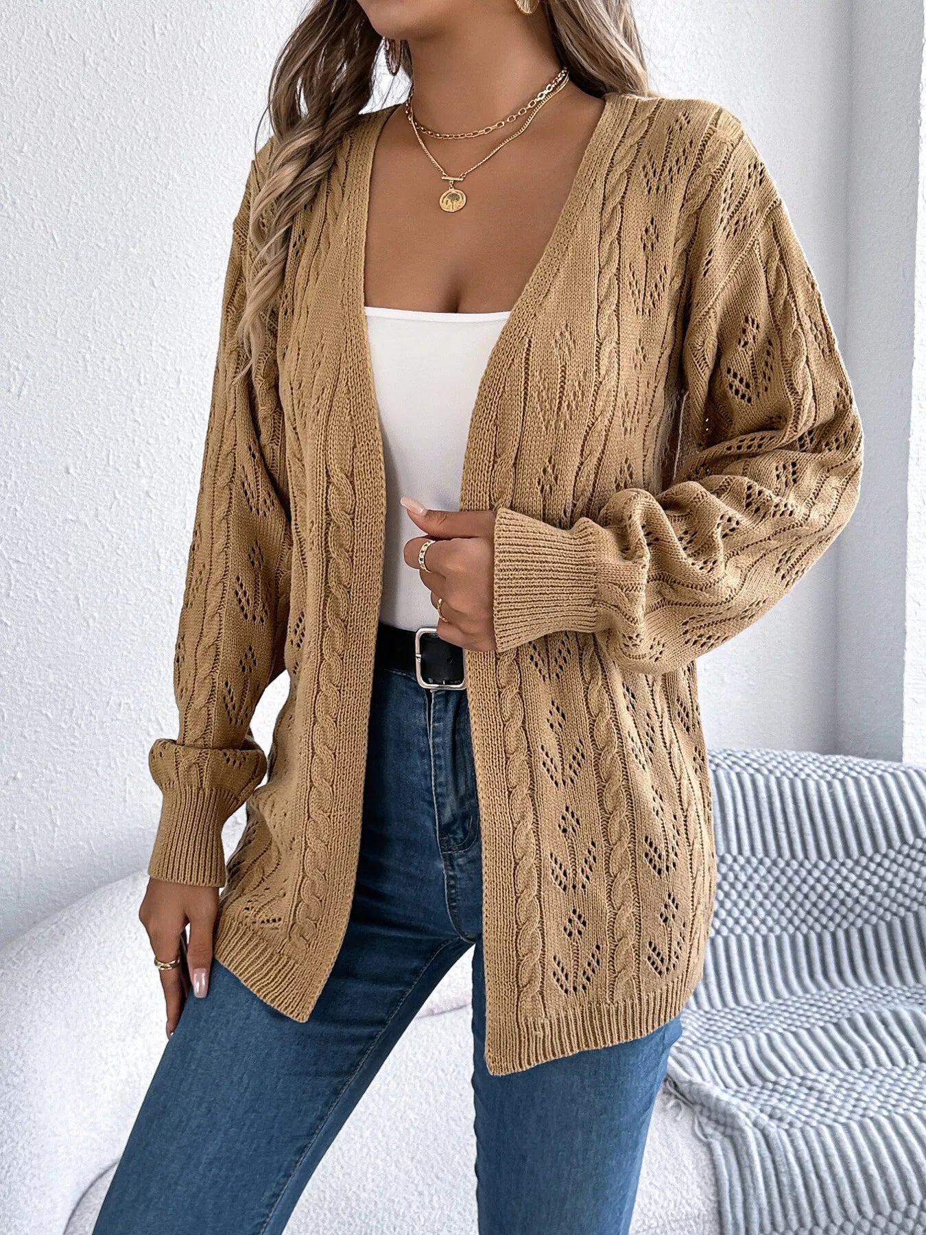 Openwork Open Front Long Sleeve Cardigan