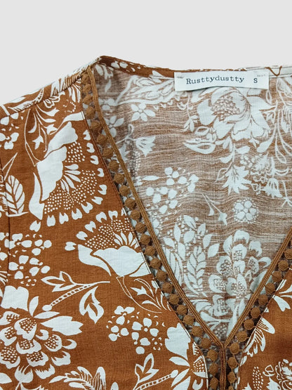 Lace Detail Printed Short Sleeve Midi Dress