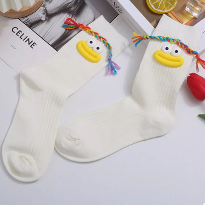 Cartoon Ribbed Knit Crew Socks White B One Size