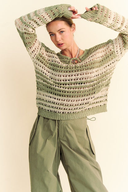 Back To School Sweater - Davi & Dani Contrast Striped Crochet Drop Shoulder Knit Cover Up Matcha Green