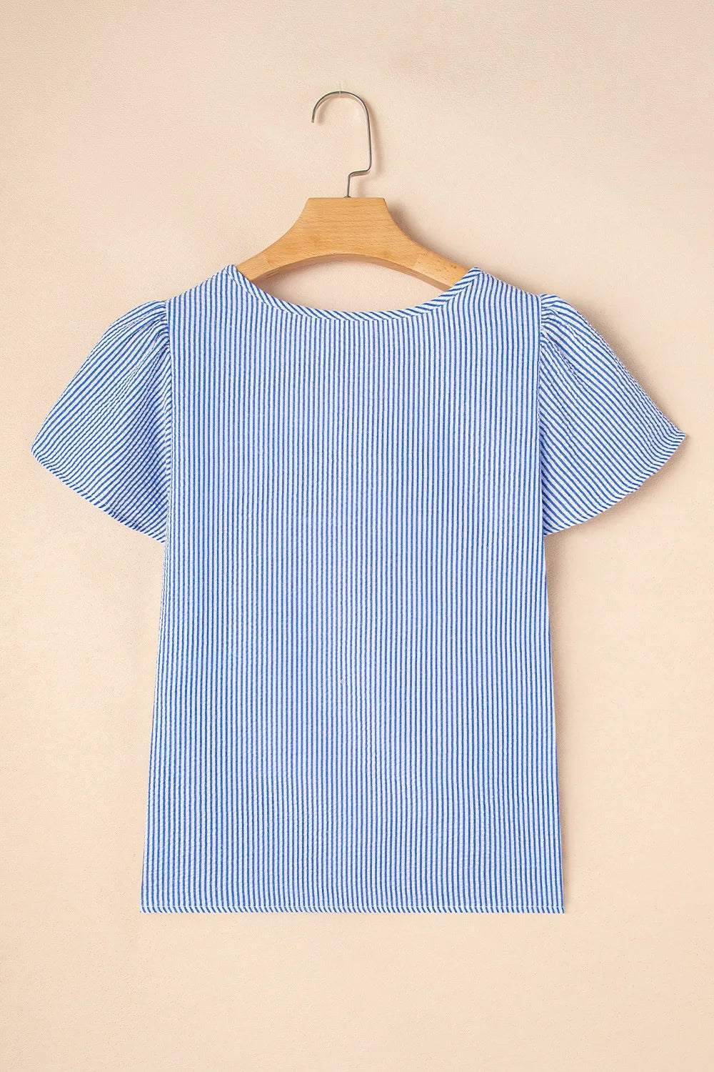 Stripe Textured Ruffle Short Sleeve Boho Detail Square Neck Blouse