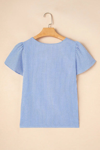 Stripe Textured Ruffle Short Sleeve Boho Detail Square Neck Blouse