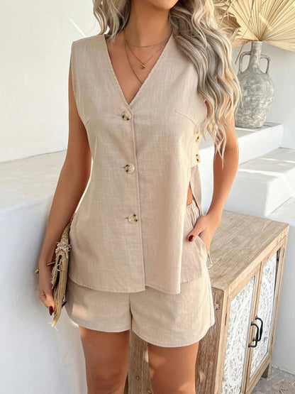 Devine Button Down V-Neck Tank and Shorts Set Tan