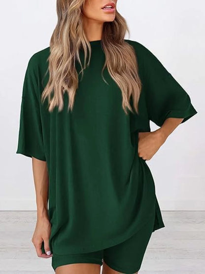 Full Size Oversized Slit Round Neck Top and Shorts Lounge Set Plus Size Green