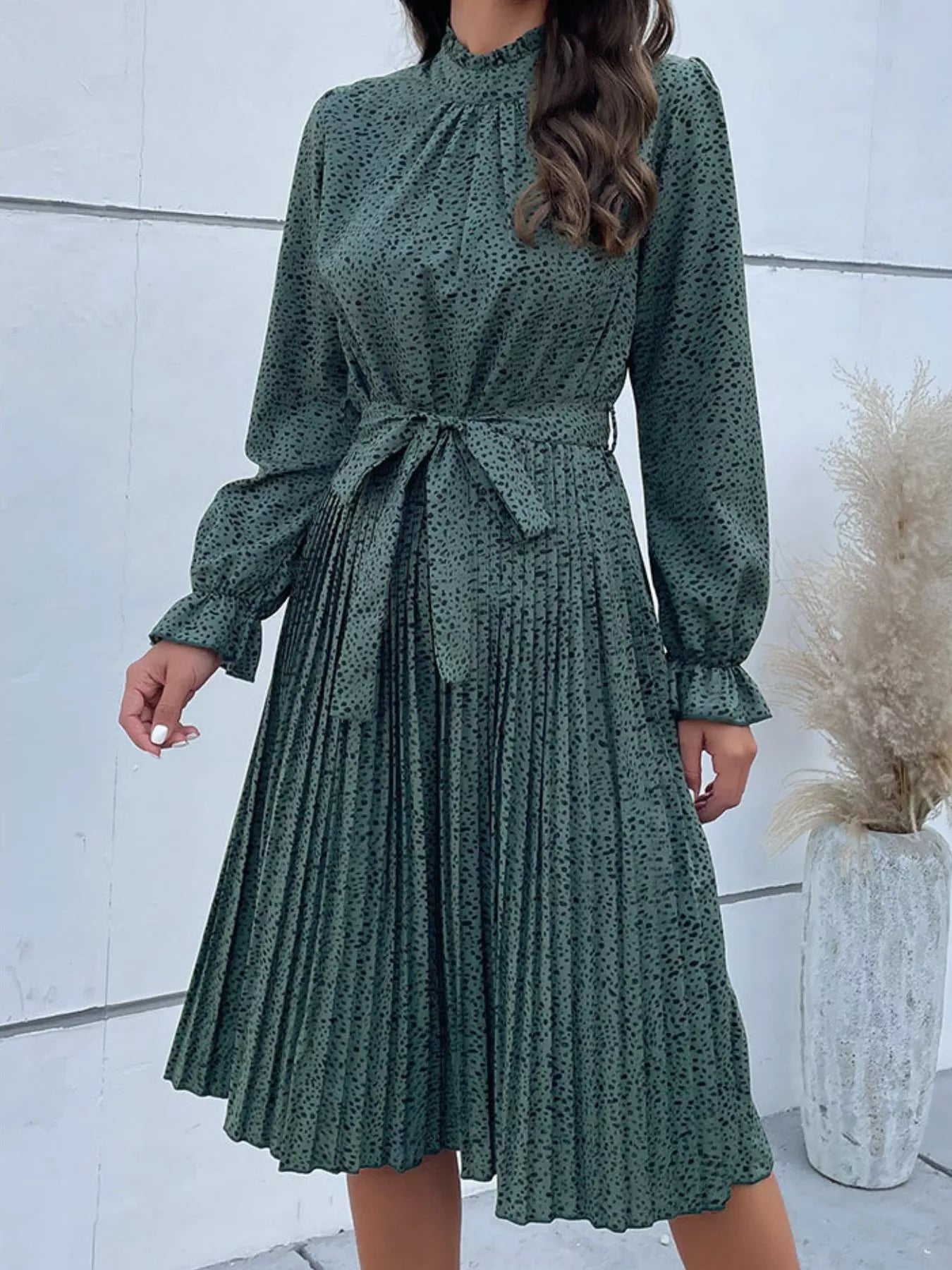 Animal Print Mock Neck Flounce Sleeve Dress Black Forest